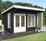 Pent Roof Log Cabin 418 - Double Doors, Louvred Side Panel Pent Roof Log Cabin 418 - Double Doors, Louvred Side Panel